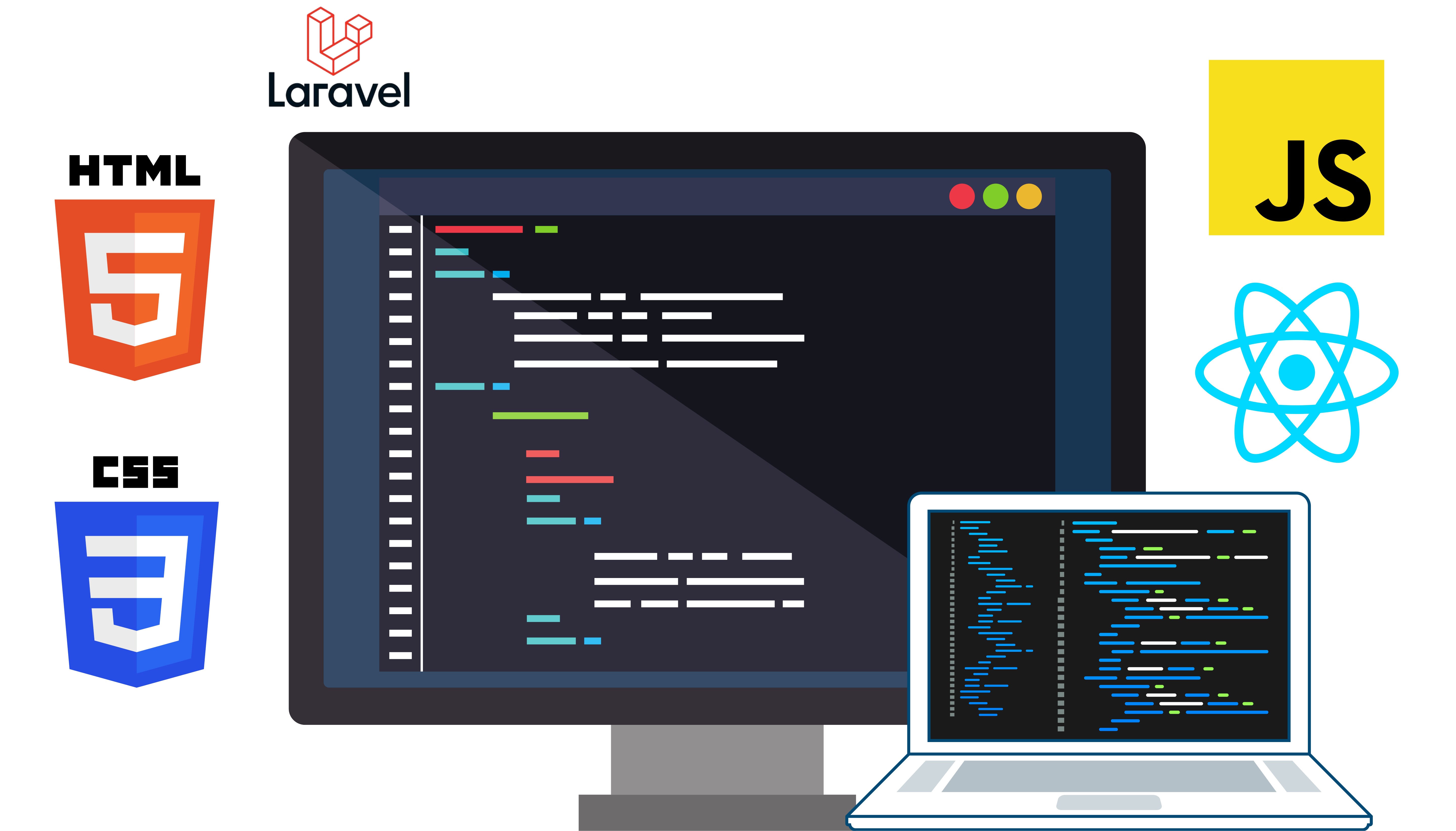 Monitor, laptop y logos de HTML, CSS, JavaScript y React.